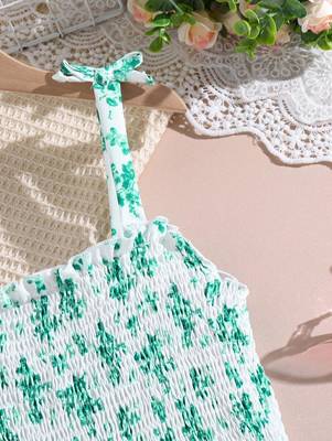 Mint green color printed cotton blend fit&flared style dresses 5