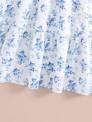 Ocean blue color printed cotton blend fit&flared style dresses 3