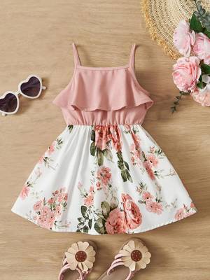 Peach color printed cotton blend fit&flared style dresses 1