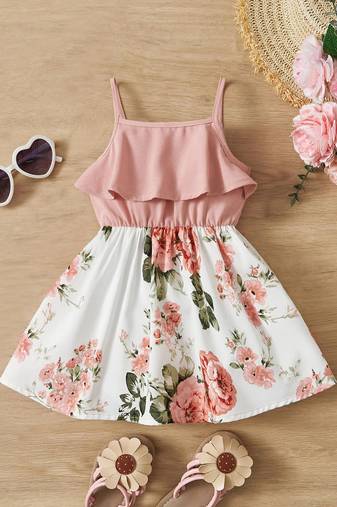 Peach color printed cotton blend fit&flared style dresses