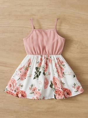 Peach color printed cotton blend fit&flared style dresses 2