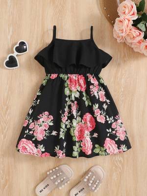 Black color printed cotton blend fit&flared style dresses 1