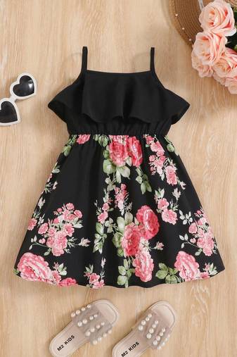Black color printed cotton blend fit&flared style dresses