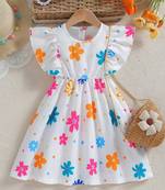 White color printed cotton blend fit&flared style dresses