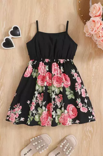 Black color printed cotton blend fit&flared style dresses