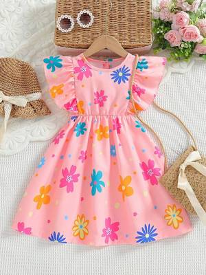 Baby pink color printed cotton blend fit&flared style dresses 1