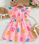 Baby pink color printed cotton blend fit&flared style dresses