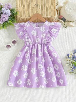 LAVENDER color printed cotton blend fit&flared style dresses 1
