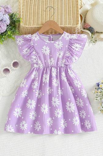 LAVENDER color printed cotton blend fit&flared style dresses