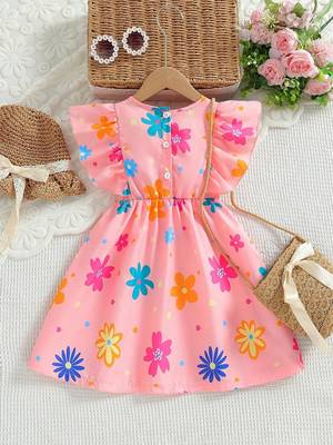 Baby pink color printed cotton blend fit&flared style dresses 2