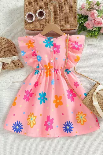 Baby pink color printed cotton blend fit&flared style dresses