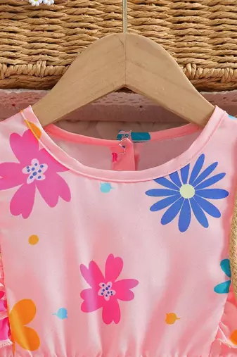 Baby pink color printed cotton blend fit&flared style dresses