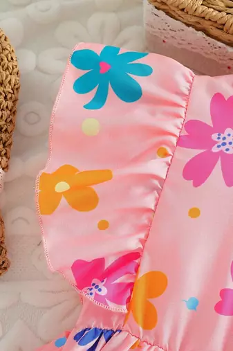 Baby pink color printed cotton blend fit&flared style dresses