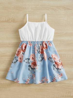 Sky color printed cotton blend fit&flared style dresses 2