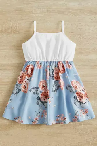 Sky color printed cotton blend fit&flared style dresses