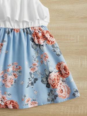Sky color printed cotton blend fit&flared style dresses 3