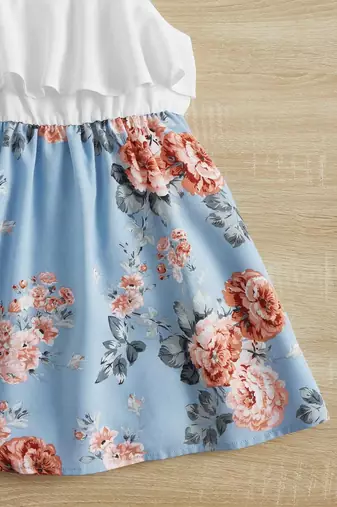Sky color printed cotton blend fit&flared style dresses