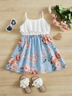 Sky color printed cotton blend fit&flared style dresses 1
