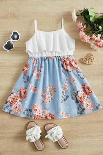 Sky color printed cotton blend fit&flared style dresses