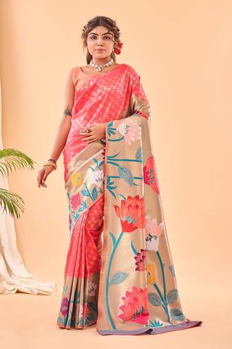 Pink Paithani Silk Saree And Rich Pallu Saree With Blouse For Women
