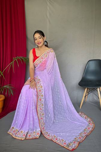 Lavender Georgette Embroidery Sequence Work Saree,Blouse-not As Per Image