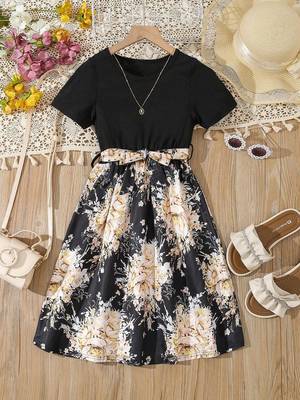 Yellow color printed cotton blend fit&flared style dresses 1