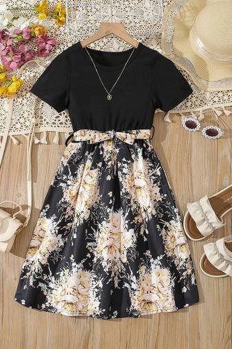 Yellow color printed cotton blend fit&flared style dresses