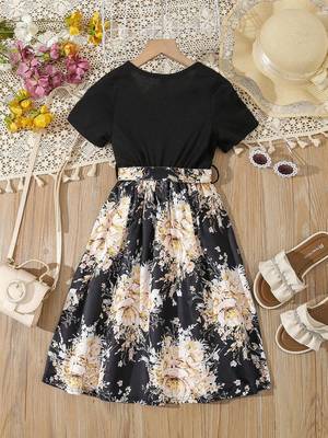 Yellow color printed cotton blend fit&flared style dresses 2