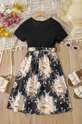 Yellow color printed cotton blend fit&flared style dresses