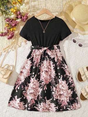 Pink color printed cotton blend fit&flared style dresses 1