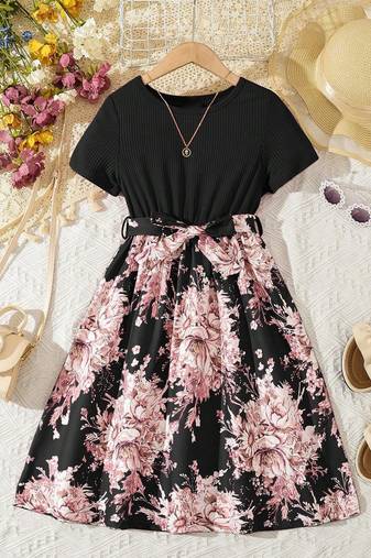 Pink color printed cotton blend fit&flared style dresses