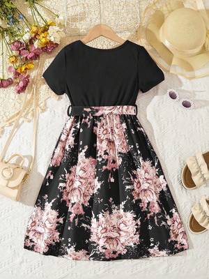 Pink color printed cotton blend fit&flared style dresses 2
