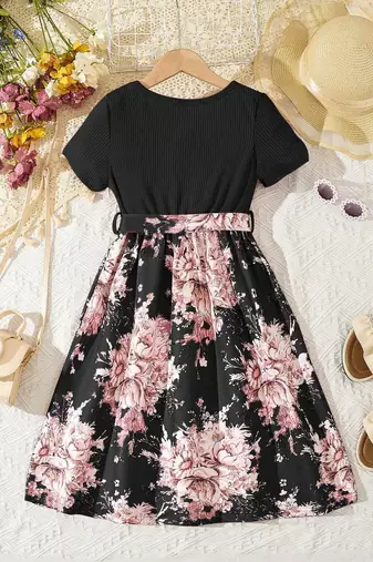 Pink color printed cotton blend fit&flared style dresses