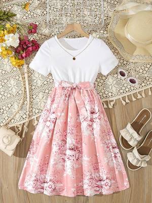 Peach color printed cotton blend fit&flared style dresses 1