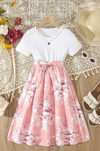 Peach color printed cotton blend fit&flared style dresses