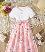 Peach color printed cotton blend fit&flared style dresses
