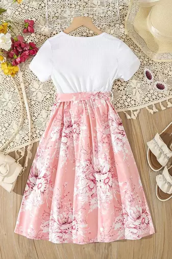 Peach color printed cotton blend fit&flared style dresses