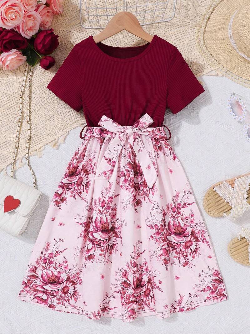 Maroon color printed cotton blend fit&flared style dresses
