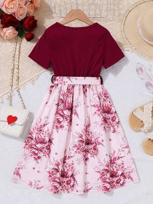 Maroon color printed cotton blend fit&flared style dresses 2