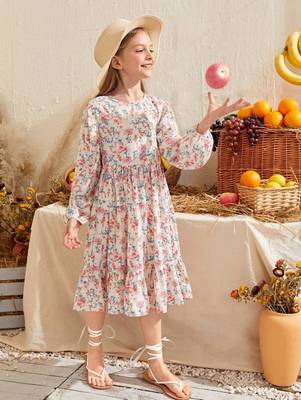 Off white color printed cotton blend fit&flared style dresses 1