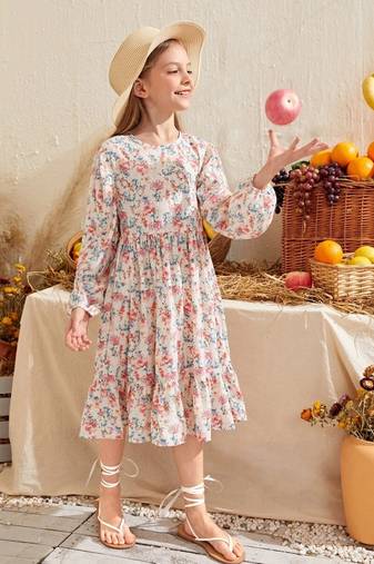 Off white color printed cotton blend fit&flared style dresses
