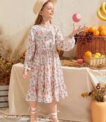 Off white color printed cotton blend fit&flared style dresses