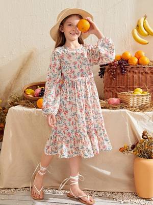 Off white color printed cotton blend fit&flared style dresses 2