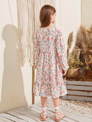 Off white color printed cotton blend fit&flared style dresses 3