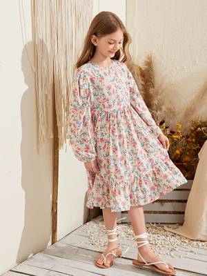 Off white color printed cotton blend fit&flared style dresses 4