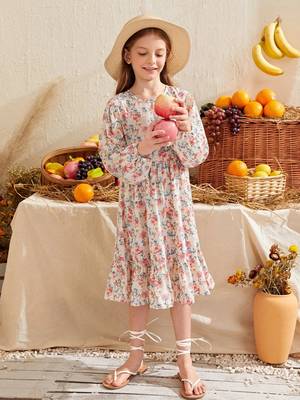 Off white color printed cotton blend fit&flared style dresses 5
