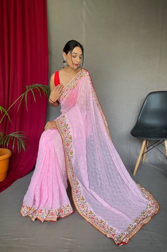 Pink Georgette Embroidery Sequence Work Saree,Blouse-not As Per Image