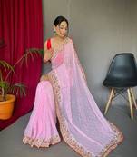 Pink Georgette Embroidery Sequence Work Saree,Blouse-not As Per Image