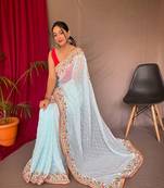 Sky-Blue Georgette Embroidery Sequence Work Saree,Blouse-not As Per Image