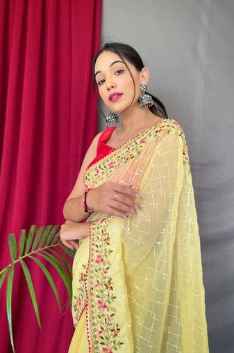 Yellow Georgette Embroidery Sequence Work Saree,Blouse-not As Per Image